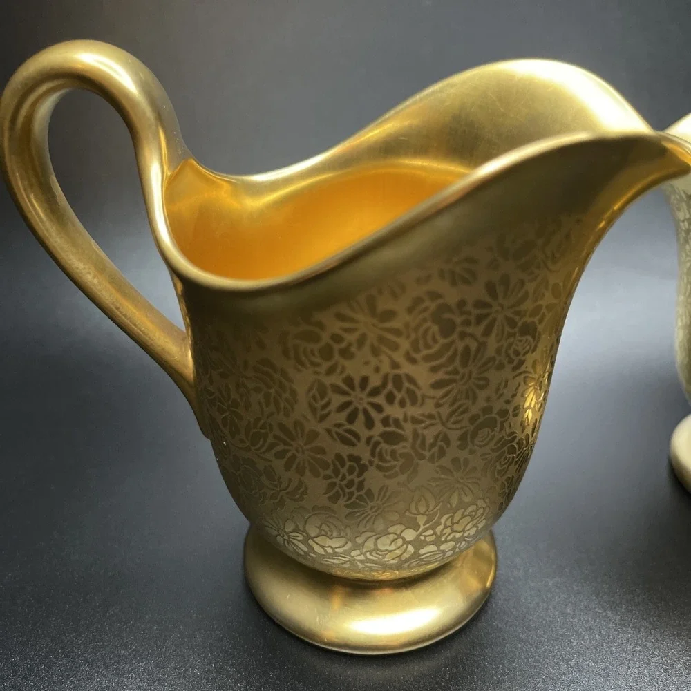 Vintage Pickard Daisy Rose‎ Creamer Open Sugar Bowl Set All Over Gold Encrusted